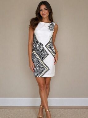 Cache White Mandala Geometric Sleek Feel Cotton Blend Sheath Dress Size 10